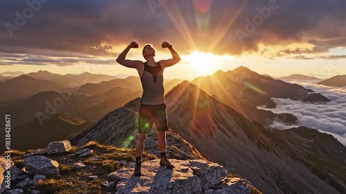 Man celebrates success on mountain peak at sunset with arms raised.