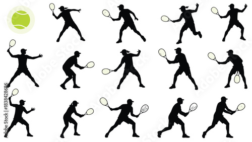 Black Silhouette Set of Tennis Players in Action: Male and Female Athletes Serving, Volleying, and Hitting Forehand and Backhand Shots for Sports Icons