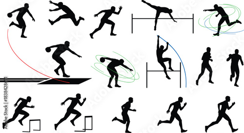 Black Silhouette Set of Track and Field Athletes in Action: Runners, Jumpers, Hurdlers, Pole Vault, and Discus Throwers for Sports and Competition Icons