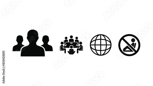 Business and Communication Icons Set: Team, Meeting, Global Network, and Safety Restriction Sign Vector Illustration