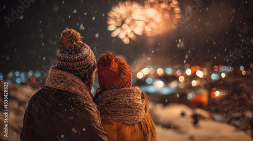 Couple watching fireworks from a snowy hill wrapped in warm scarves