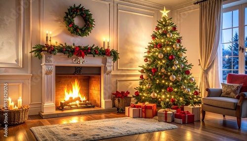 Wallpaper Mural A festive living room with a glowing fireplace, decorated Christmas tree, wrapped presents, and snowy window view. Torontodigital.ca