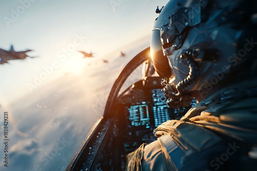 Fighter pilot in modern jet cockpit, helmet visor reflecting sun, flying in formation at high altitude, symbolizing precision, defense, and high-stakes missions