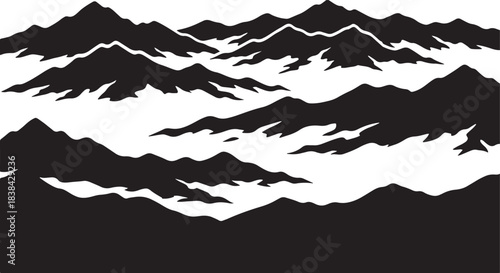 black silhouette of foggy layered mountains on white background, vector