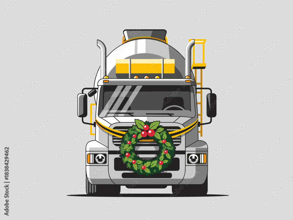 Fototapeta premium Cement truck decorated with Christmas wreath on grey background 