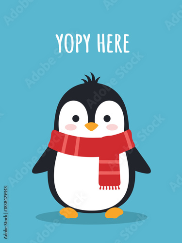Penguin wearing red scarf on blue background in cartoon style  