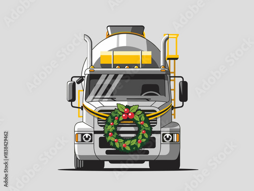 Cement truck decorated with Christmas wreath on grey background  