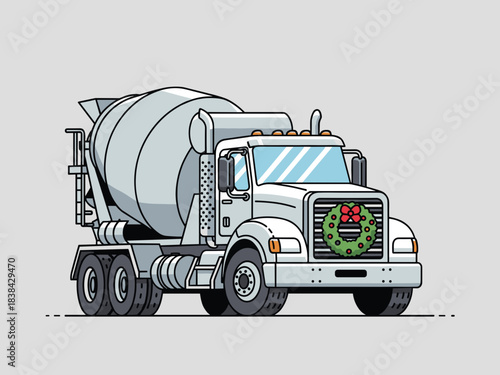 Cement truck decorated with wreath for festive holiday season  