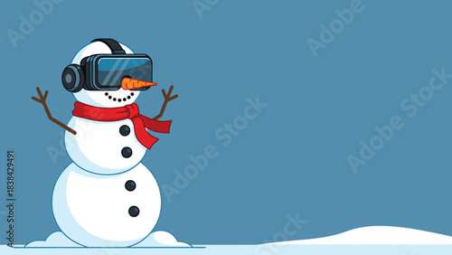 Snowman wearing virtual reality goggles standing in snowy landscape  