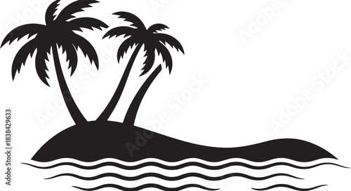black silhouette of island with palm trees on white background, vector