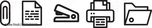 office supplies icon set paperclip, document, stapler, printer and file folder vector illustration