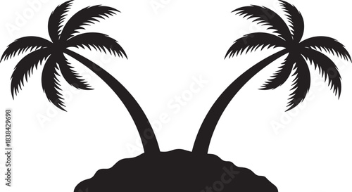 black silhouette of island with two palms on white background, vector.