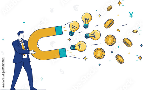 A man in a suit uses a giant magnet to attract money and lightbulbs, symbolizing value and success. Modern, flat design illustration.