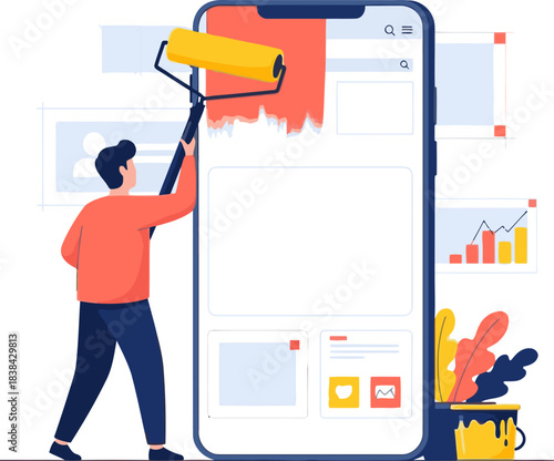 A man paints a smartphone screen with orange paint, surrounded by design elements. Illustrative, modern, and vibrant. Perfect for tech, design, and innovation concepts.