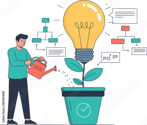 A man nurtures an idea, symbolized by a growing plant, with a watering can. Modern illustration with a focus on growth and innovation. Bright, clean design.