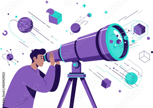 man peers through a futuristic telescope visualizing a bright abstract future Modern illustration style vibrant colors and dynamic composition Ideal for technology innovation and vision concepts