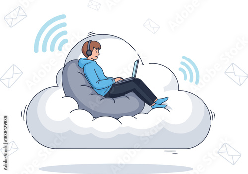 A young man relaxes on a cloud, working on a laptop. He enjoys cloud freedom and digital connectivity. Modern, flat design illustration.