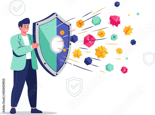 A man shields a vibrant shield of colorful shapes, symbolizing protection and peace. Modern illustration with a clean design. Focus on positive concepts.