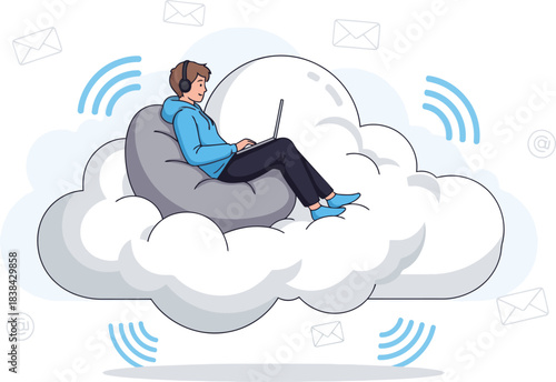 A young man relaxes on a cloud, working on a laptop. He embodies cloud freedom and remote work, showcasing a modern, digital lifestyle. Bright, airy, and inviting.