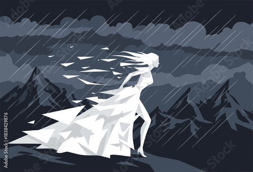 striking white figure fragmented like rain runs through a stormy landscape -Storms pass by- declares the powerful image conveying resilience and hope Dramatic artistic and visually compelling
