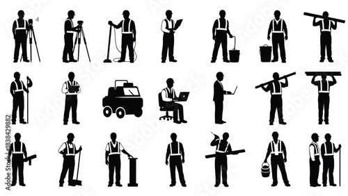Construction Worker Silhouette Set - Engineer, Surveyor, and Laborer Poses Icon Collection