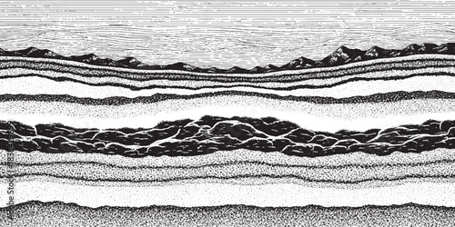Geological strata crosssection showing layers of rock and sediment.