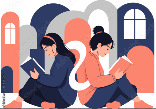 Two young women study together, engrossed in books, creating a cozy and collaborative atmosphere. A modern, illustrative style highlights friendship and learning.
