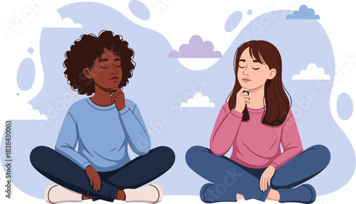Two young women sit in meditation, fostering a sense of calm and reflection. Soft colors and a dreamy background create a peaceful atmosphere. Ideal for wellness and mindfulness themes.