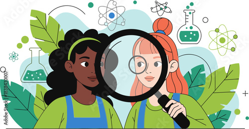 Two girls examine a beaker with a magnifying glass, surrounded by science icons. A vibrant, educational illustration promoting discovery and learning. Modern, playful style.