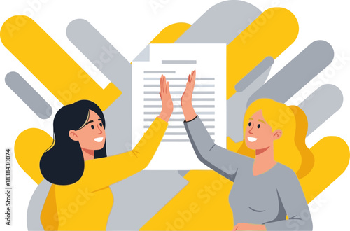 Two women celebrate success with a high-five over a document. Bright, modern illustration with dynamic shapes. A joyful and motivating scene.