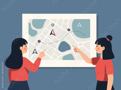 Two women collaboratively plan a route on a map, pointing and smiling. A modern, illustrative style showcases goal-setting and teamwork. Great for business and motivation visuals.