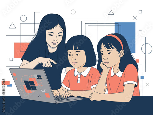 A woman mentors her daughters while they learn on a laptop. A bright, modern illustration depicts family learning and a positive future. ?Future is Bright? text overlay.