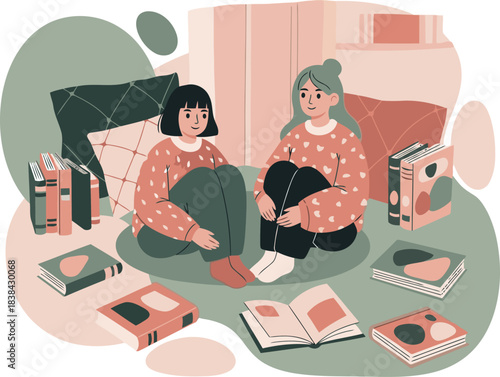 Two women relax together, surrounded by books and enjoying a cozy moment. Soft colors and a friendly atmosphere create a comforting scene. Perfect for lifestyle and friendship themes.