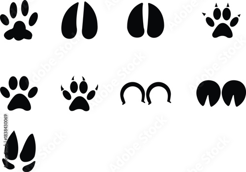 Animals paw prints. Cartoon mammal footprints, black bird foot. Wild animal feet silhouette. Foot paws track tiger, cat and dog horse, cow ,goat trace. Pets trails. Vector set. isolated on transparent