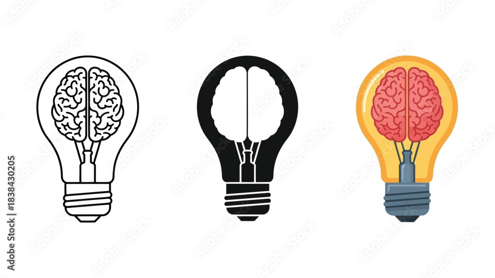 Naklejka premium Brain in Lightbulb Icon Set. Concept of Idea, Intelligence, Innovation, Creativity, and Thinking Process Vector Illustration.