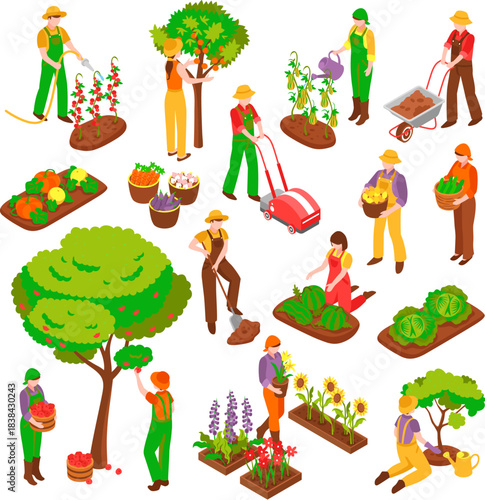 isometric people working garden set