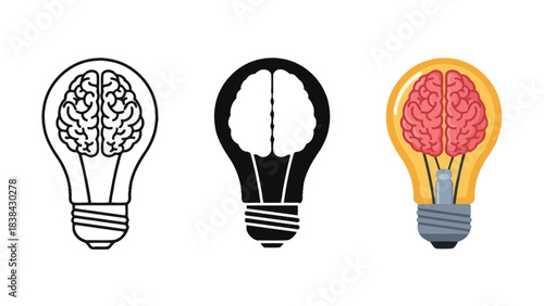 Brain in light bulb vector icon set. Symbol of idea, innovation, creativity, and intelligence. Outline, silhouette, and color illustrations for design elements.