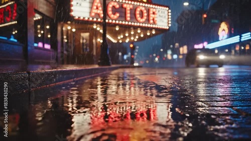 Rainy Night Reflections City Lights and Theater Marquee.