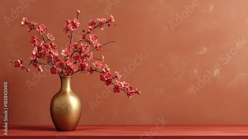 Golden Vase Blossoms: A golden vase gracefully holds branches bursting with delicate blossoms against a terracotta backdrop, creating a scene of understated elegance and serene beauty.