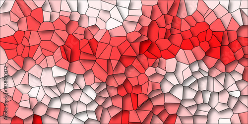 Vibrant red and white geometric mosaic pattern with irregular polygonal shapes and subtle drop shadows creating a dynamic and textured surface for design applications