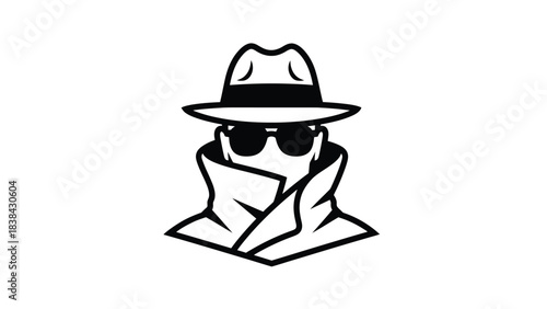 Anonymous Spy or Private Detective Wearing Trench Coat, Fedora Hat, and Sunglasses Vector Icon