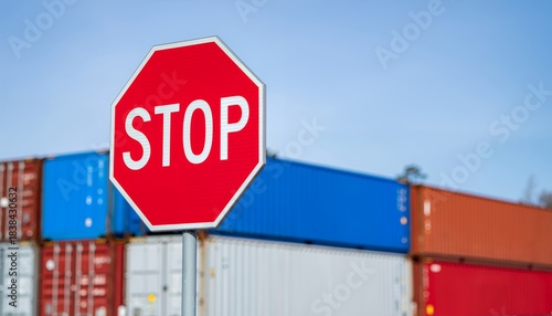 Cargo containers and a stop sign against a cloudy sky