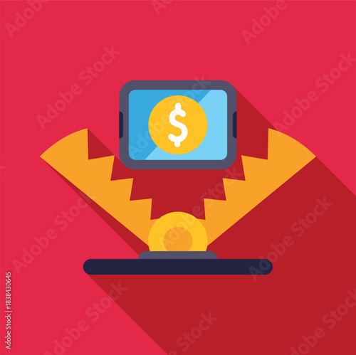 Digital money symbol on a smartphone baiting a spring loaded trap, illustrating financial risk and debt
