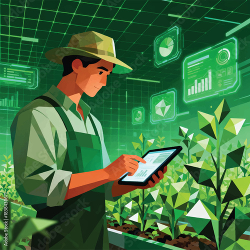 Illustration Of A Modern Farmer Monitoring Crops Via Tablet Vector Design Template