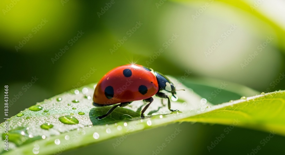 Naklejka premium Ladybug on wet leaf