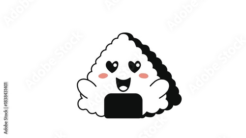 A cute little kawaii onigiri character waves its arms smiling. Childishness animation.