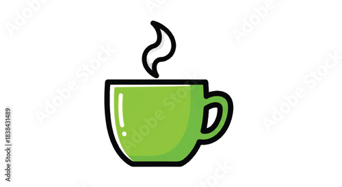 Green coffee cup with steam rising, a warm beverage.