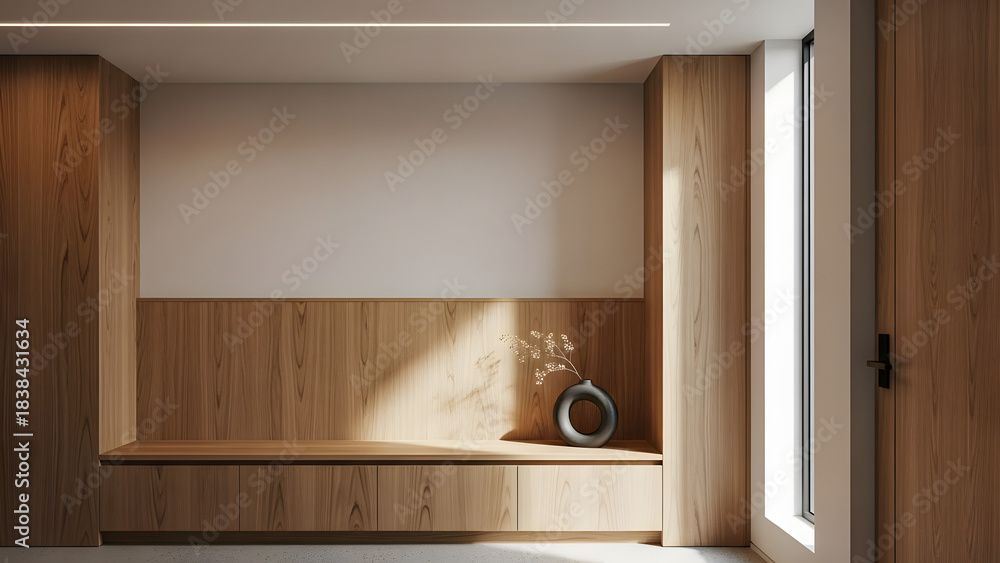 Fototapeta premium Minimalist hallway with wooden bench and natural light