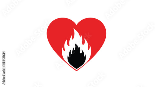 Passionate Burning Heart Vector Icon: Red Love Symbol with Fire Flame Silhouette