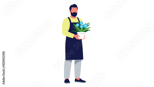Male Florist or Gardener Holding Potted Blue Flowers Vector Illustration